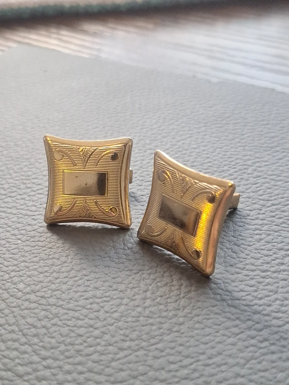 Vintage Men's Gold Tone Cufflinks Engraved Art Deco Style Square Stamped S